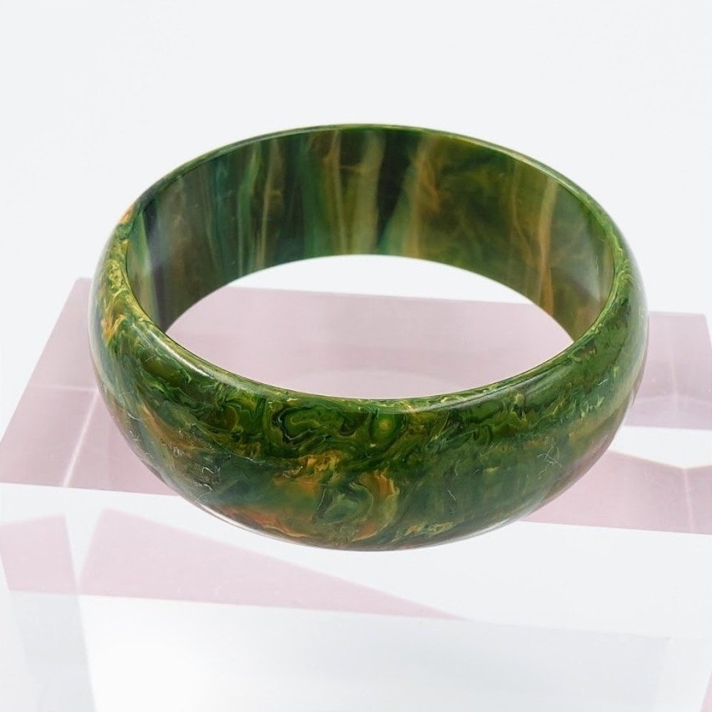 Vintage Bakelite Green Yellow Marbled Bangle Bracelet Tested